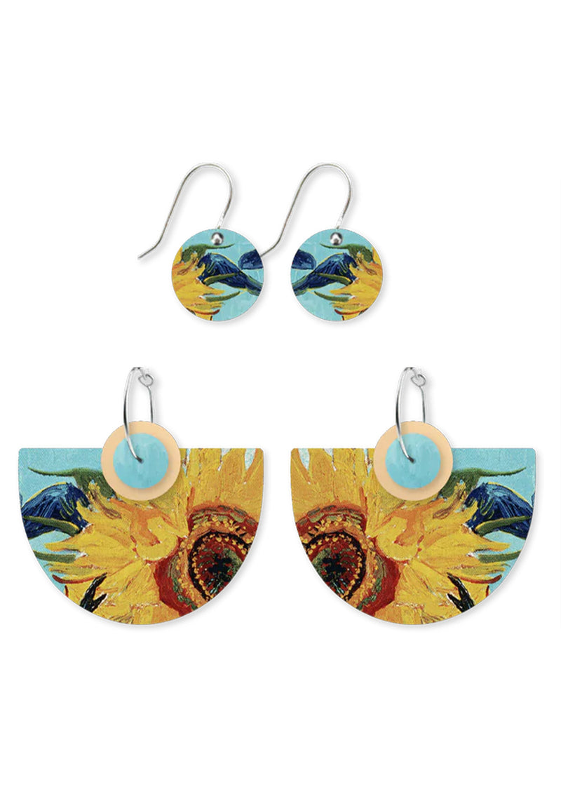 Van Gogh Sunflowers Layered Classic Bell Hoop Pack Earrings