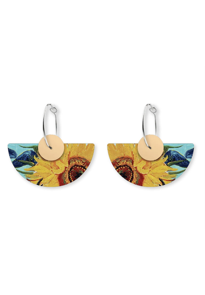 Van Gogh Sunflowers Layered Medium Moon Hoop Earrings